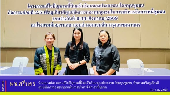 ✨พช.ศรีนคร ร่วมอบรมโครงการแก้ไขปัญหาหนี้สินครัวเรือนของประชาชน โดยทุนชุมชน กิจกรรมเชิดชูเกียรติศูนย์จัดการกองทุนชุมชนในการบริหารจัดการหนี้ชุมชน
